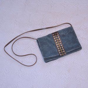 Mona B Studded Leather and Canvas Denim Crossbody Bag with Built in Wallet